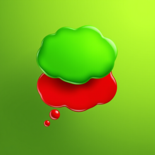 Create a high-resolution digital illustration of two thought bubbles, one green and one red, with a glossy effect and smooth gradients, using a Canon EOS R camera at f/2.8 aperture, 50mm lens, and ISO 100, with a soft-focus background for enhanced clarity.