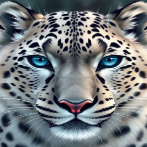 Create a high-resolution illustration of a snow leopard's face featuring vivid blue eyes and intricate fur details, using a digital drawing style, captured in a close-up view with a slight tilt, emulate a Canon EOS 5D Mark IV, aperture f/4, shutter speed 1/250s, ISO 100.
