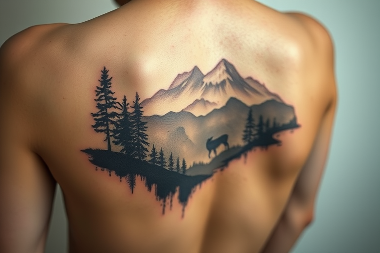 Ethereal negative space tattoo called "Whispers of Nature" utilizing the natural skin tone as a key element in the design depicting silhouettes of trees mountains and wildlife emerging from strategically placed ink creating the illusion of a landscape or scene revealed through gaps in the tattooed areas incorporating subtle shading and dot work to enhance depth and dimension within the negative spaces