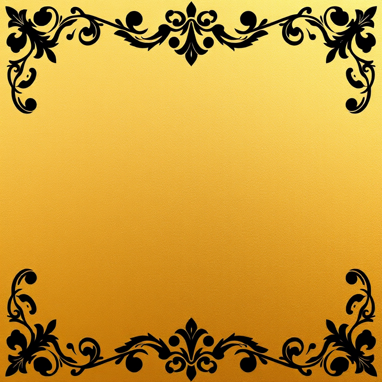 Create a high-resolution digital image of a smooth gold surface with an ornate black floral border, using a DSLR camera with a 50mm lens, aperture set to f/1.8, ISO 100, and a soft diffused lighting setup for enhanced texture and warmth.