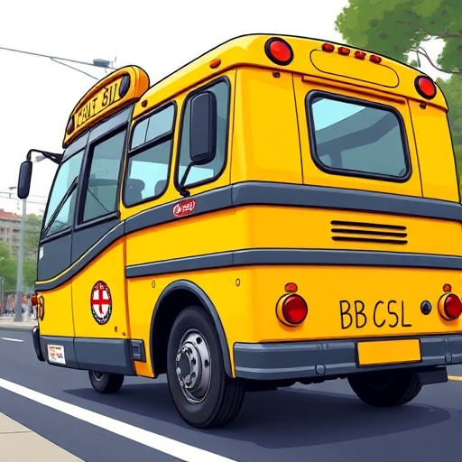 Create a high-resolution cartoon-style image of a yellow bus from a side view, using a DSLR camera set to aperture f/8, shutter speed 1/250s, ISO 100, with a focus on vibrant colors and smooth lines.