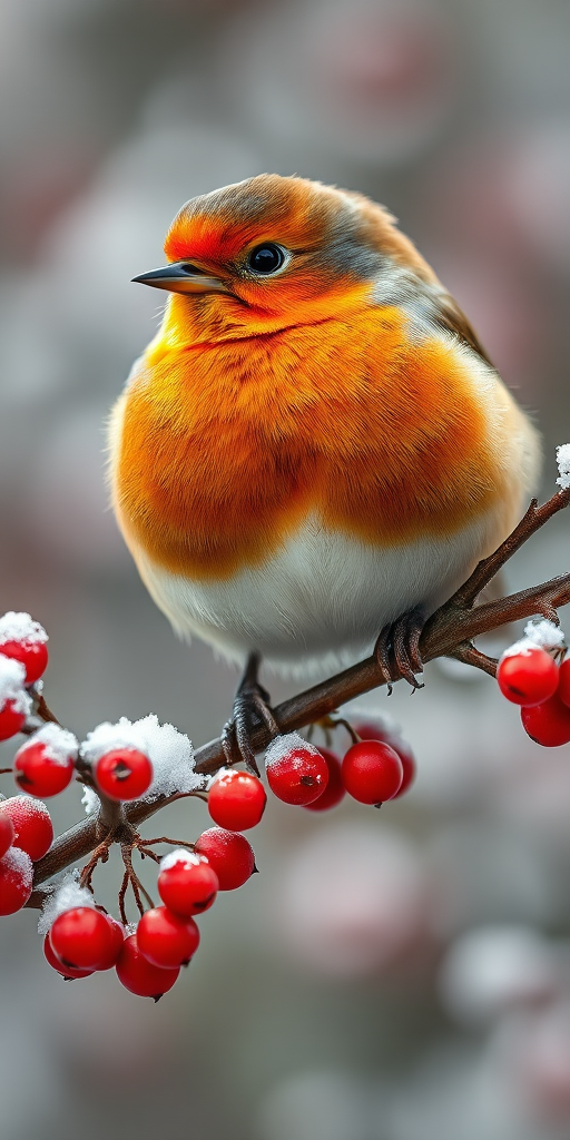 Photorealistic close-up of a plump orange-breasted bird perched on a snowy branch with red berries, soft focus background, natural lighting, ISO 100, f/2.8, shutter speed 1/200s, macro lens, DSLR camera.