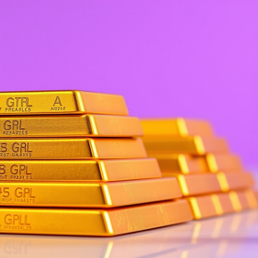 Create an image of a stack of gleaming gold bars arranged neatly, with a soft purple gradient background, using a DSLR camera with a 50mm lens at f/2.8, ISO 100, and a shallow depth of field for enhanced focus and detail.