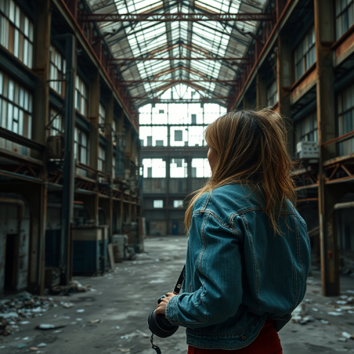 Abandoned industrial complex, rusted metal and broken windows, a woman in a denim jacket explores the forgotten space, her camera slung over her shoulder, ready to capture the eerie beauty.