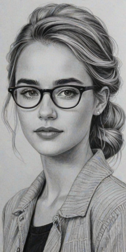 Enchanting Katelyn Tarver, pencil sketch, portrait of Wonderful woman 1953s in glasses, hair style beatnik, outline, clear lines, fine lines, 8k