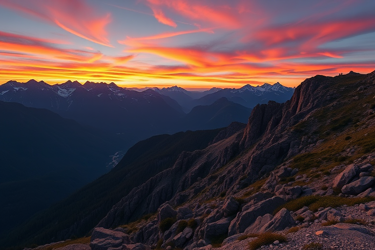 Regenerate the image of a serene mountain landscape at sunrise with vibrant colors, using a Canon EOS R5 camera, 24mm lens, f/8 aperture, ISO 100, 1/200 sec shutter speed, with a wide-angle view and HDR style for enhanced detail and clarity.