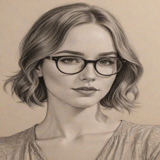 Resplendent Camryn Grimes, pencil sketch, portrait of Exquisite woman 1929s in glasses, hair style beatnik, outline, clear lines, fine lines, 8k