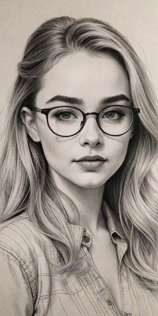 Stunning Sabrina Carpenter, pencil sketch, portrait of Alluring woman 1936s in glasses, hair style beatnik, outline, clear lines, fine lines, 8k