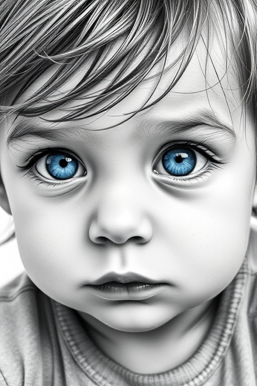 A hyperdetailed photorealistic black and white sketch of a beautiful toddler with deep blue eyes, with a macro focus