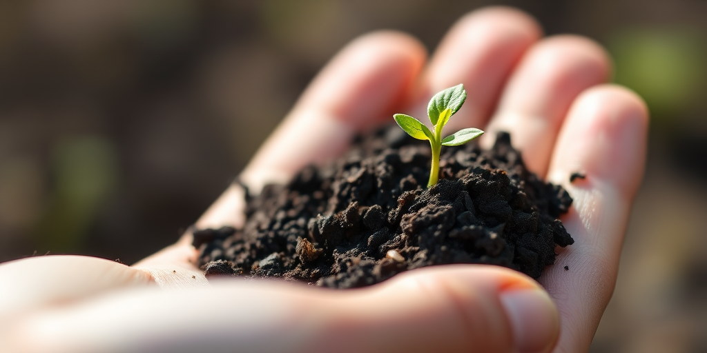 A close-up shot of a hand holding a small mound of dark soil with a green sprout emerging, soft focus background, natural lighting emphasizing the sprout, f-stop of 2.8, ISO 100, shutter speed 1/60s, shot on a DSLR camera with a 50mm lens.