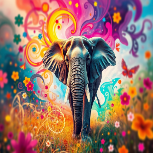 Regenerate a vibrant abstract image of an elephant surrounded by colorful swirls and floral patterns in a dreamlike setting, using a DSLR camera with a 50mm lens at f/1.8, ISO 200, and a shutter speed of 1/160s for a shallow depth of field, capturing a low-angle view to emphasize the details and colors.