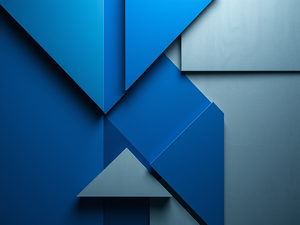 Generate a high-resolution abstract digital art image featuring bold blue and gray geometric shapes, using a Canon EOS R5 camera with a 24-70mm lens, f/8 aperture, ISO 100, and a 50mm focal length, top-down view, with soft lighting to enhance contrast and details.