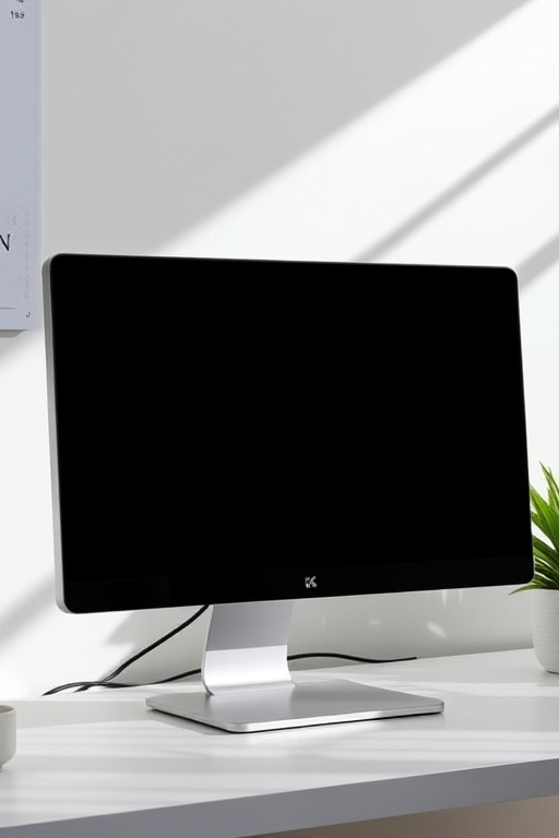 Create a sleek modern computer monitor design with a high-resolution blank screen, captured with a Canon EOS R5, 35mm lens, f/2.8 aperture, ISO 100, shot in natural light from a slightly elevated angle.