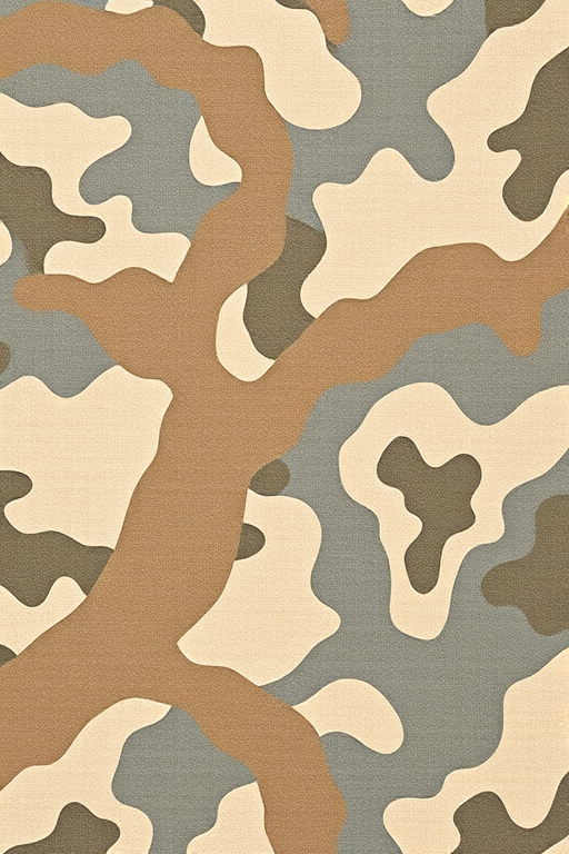 Generate a high-resolution texture image of a camouflage pattern with shades of beige and gray, captured with a DSLR camera at f/8 aperture, ISO 100, 50mm lens, top-down view for enhanced clarity.