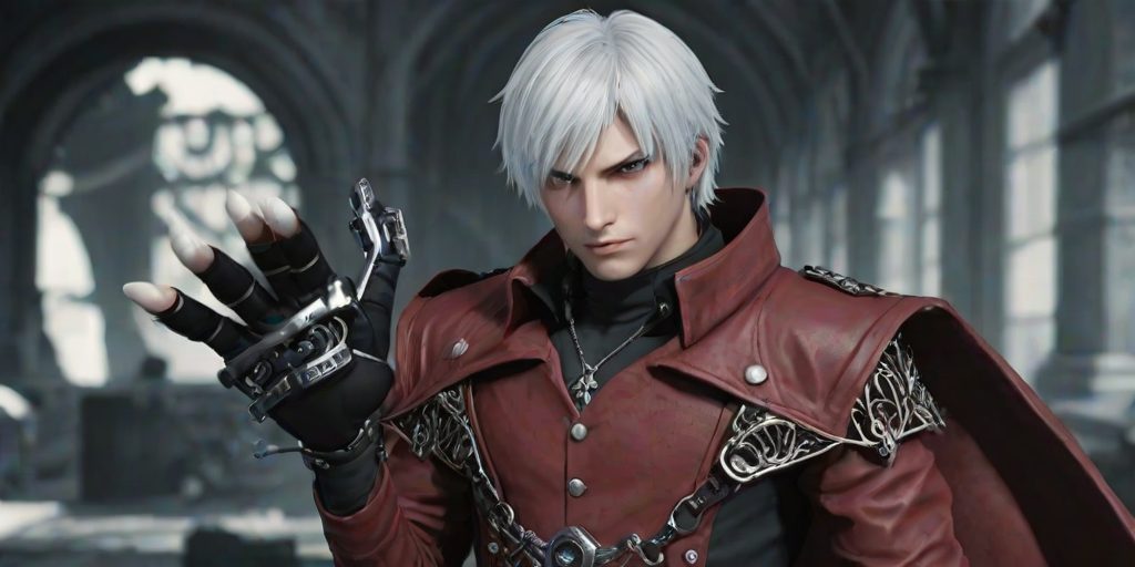 i want the whole image to be created in 3D anime style, solo, looking at viewer, gloves, 1boy, jewelry, closed mouth, white hair, male focus, open clothes, black gloves, belt, necklace, hair over one eye, blurry, coat, blurry background, letterboxed, open coat, mechanical arms, manly, red coat, single mechanical arm, dante (devil may cry)
