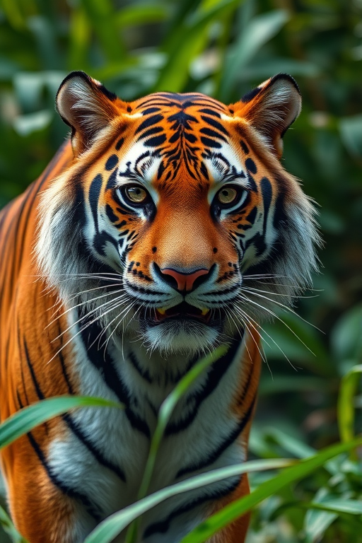 Create a high-resolution image of a majestic tiger in a lush jungle setting, captured with a DSLR camera at 85mm focal length, aperture f/2.8, ISO 200, in natural light, with a shallow depth of field to emphasize the tiger's striking features against a blurred background.