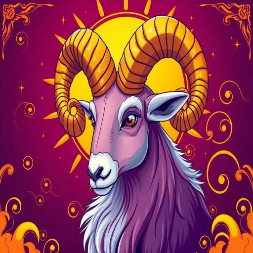 Create a vibrant illustration of a stylized Aries ram with golden horns, featuring intricate swirls and a glowing sun backdrop, captured with a Canon EOS 5D Mark IV, f/4, 1/200s, ISO 100, with a sharp focus and bright colors, in a high-resolution digital art style.
