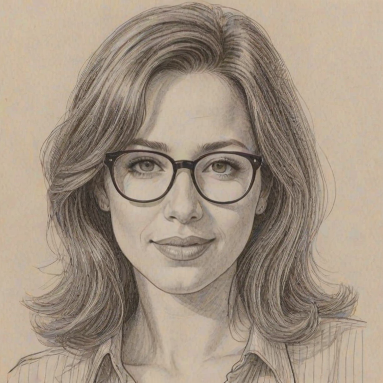 Stunning Marla Sokoloff, pencil sketch, portrait of Stunning woman 1977s in glasses, hair style beatnik, outline, clear lines, fine lines, 8k