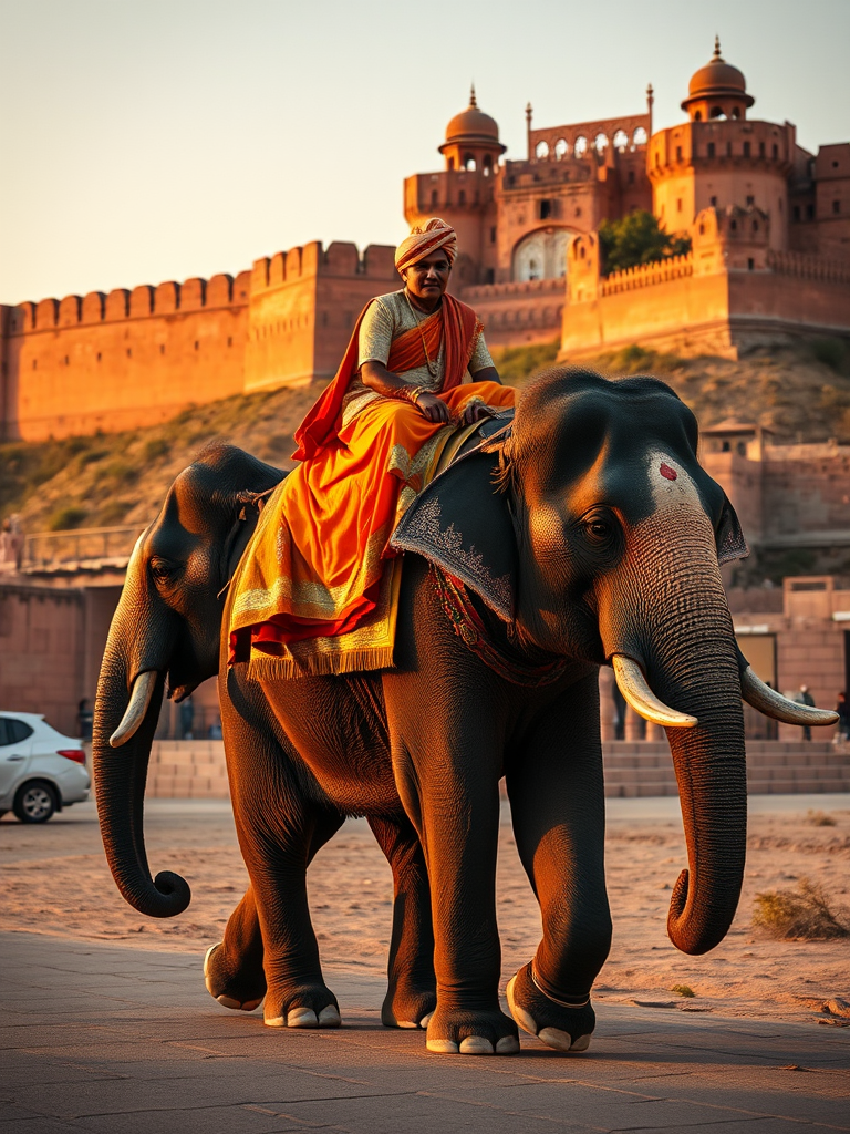regenerate the image of an elephant carrying a rider in traditional attire, in front of a historic fort, captured in vibrant colors with a DSLR camera, f/2.8 aperture, ISO 100, at 24mm focal length, golden hour lighting for soft shadows and enhanced detail.