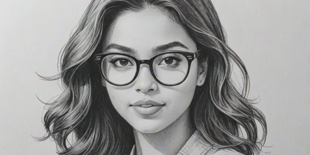 Radiant Isabela Moner, pencil sketch, portrait of Radiant woman 1961s in glasses, hair style beatnik, outline, clear lines, fine lines, 8k