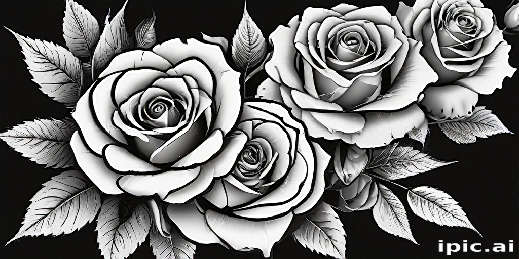 Elegant Black and White Floral Design Featuring Beautiful Roses and Leaves.