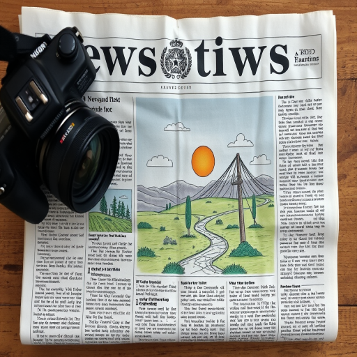Create an image of a newspaper with an illustrated landscape scene, using a DSLR camera with a 50mm lens, aperture set to f/1.8, ISO 100, shot from a top-down view, with natural lighting to enhance clarity and detail in the design.