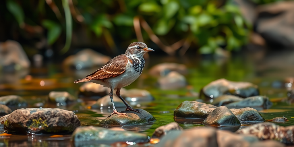 generate a highly detailed image of a bird standing on rocks in a stream surrounded by greenery, using a DSLR camera with a 50mm lens, aperture f/2.8, ISO 100, shallow depth of field, natural lighting, and a close-up view to enhance image quality