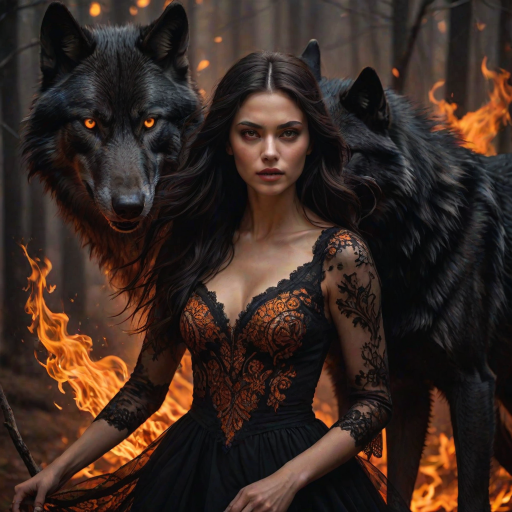A woman with long dark hair, wearing a black lace dress that seamlessly blends into her skin with intricate floral patterns. She is in the foreground, with a black wolf beside her; its fur is midnight black, and it has glowing, intense, orange eyes that match hers. Her eyes are partially closed with burning embers above them, giving a fiery and mystical aura. The background is engulfed in tall, roaring flames, contributing to an overall dark and supernatural atmosphere. The colors are intense, predominantly black, fiery orange, and deep reds, with sharp contrast highlighting the mysterious and fierce theme. The flames are bright and dynamic, casting dramatic light and shadow, illuminating the woman and wolf while leaving parts in near darkness. The image evokes a sense of otherworldly power and connection between the woman and the wolf.