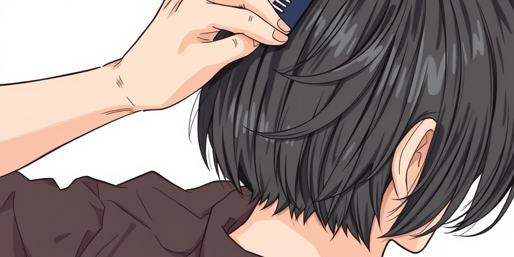 Create a detailed illustration of a person with short hair holding a comb behind their head, captured with a DSLR camera, aperture f/2.8, shutter speed 1/250s, ISO 100, taken from a slightly above angle to focus on the hair texture and comb.