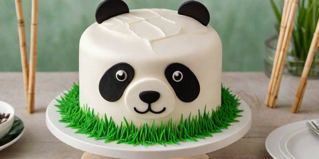 Create a cute panda-themed cake featuring a round white cake surrounded by bamboo sticks. The top should have small panda figurines scattered around, with green leaves and grass accents for decoration. The overall look should be playful and inviting, perfect for a celebration.