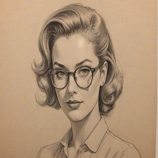 Magnificent Ashley Marie, pencil sketch, portrait of Superb woman 1947s in glasses, hair style beatnik, outline, clear lines, fine lines, 8k