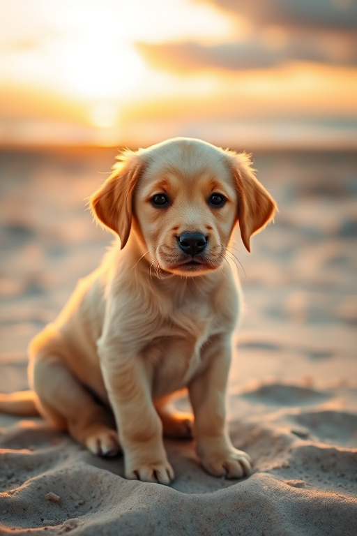 A golden lab puppy sitting on a sandy beach with a scenic background, natural lighting during golden hour, shallow depth of field, capturing details in the dog's fur, using a DSLR camera, with a 50mm lens at f/2.8, ISO 100, and a shutter speed of 1/200 sec.