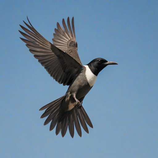 Create an image of a black-headed bird in flight against a clear blue sky, showcasing its long wings and slender body.