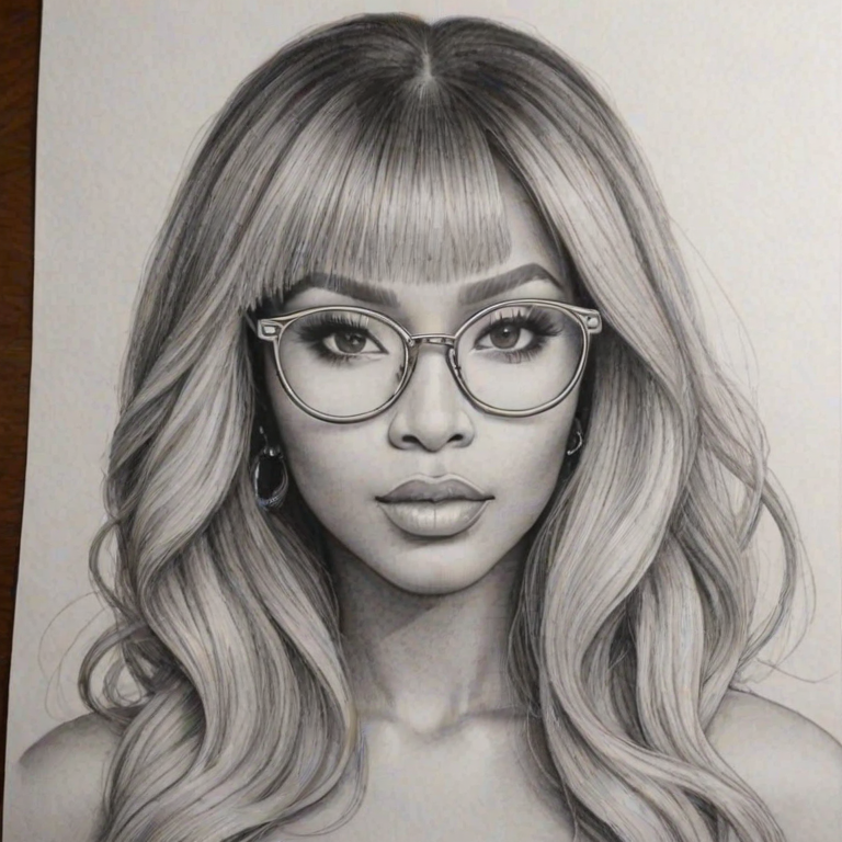 Charming Nicki Minaj, pencil sketch, portrait of Stunning woman 1971s in glasses, hair style beatnik, outline, clear lines, fine lines, 8k
