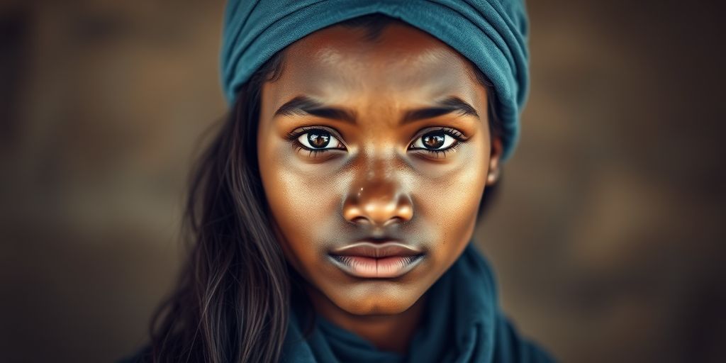Create a portrait of a young Fijian woman with long, dark hair and captivating hazel eyes. She is wearing a blue headscarf and a matching scarf draped gracefully around her neck. The background is softly blurred, focusing attention on her serene and natural expression. The overall color palette is muted and warm, enhancing the intimate and authentic feel of the portrait.