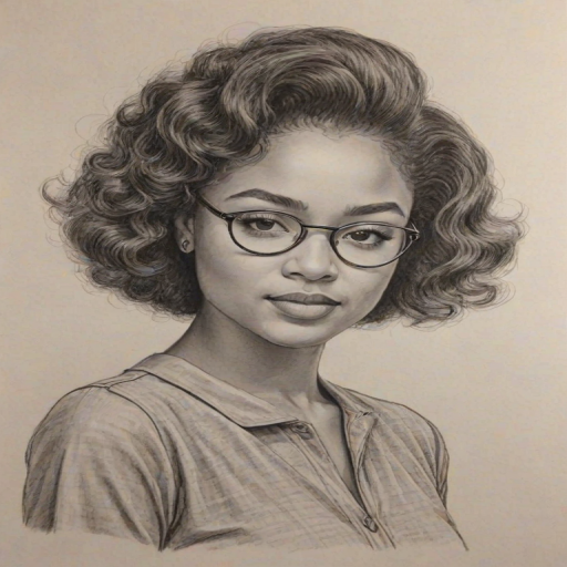 Gorgeous Aisha Dee, pencil sketch, portrait of Alluring woman 1961s in glasses, hair style beatnik, outline, clear lines, fine lines, 8k
