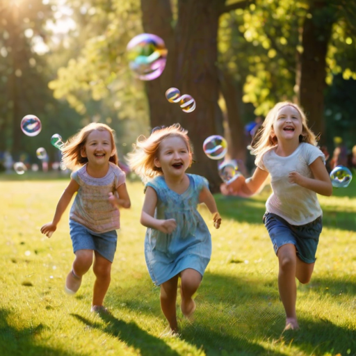 Warmly lit photo of a group of children chasing bubbles in a park, soft sunlight filtering through the trees, bubbles floating in the air, the smell of fresh grass and laughter creating a feeling of joy.