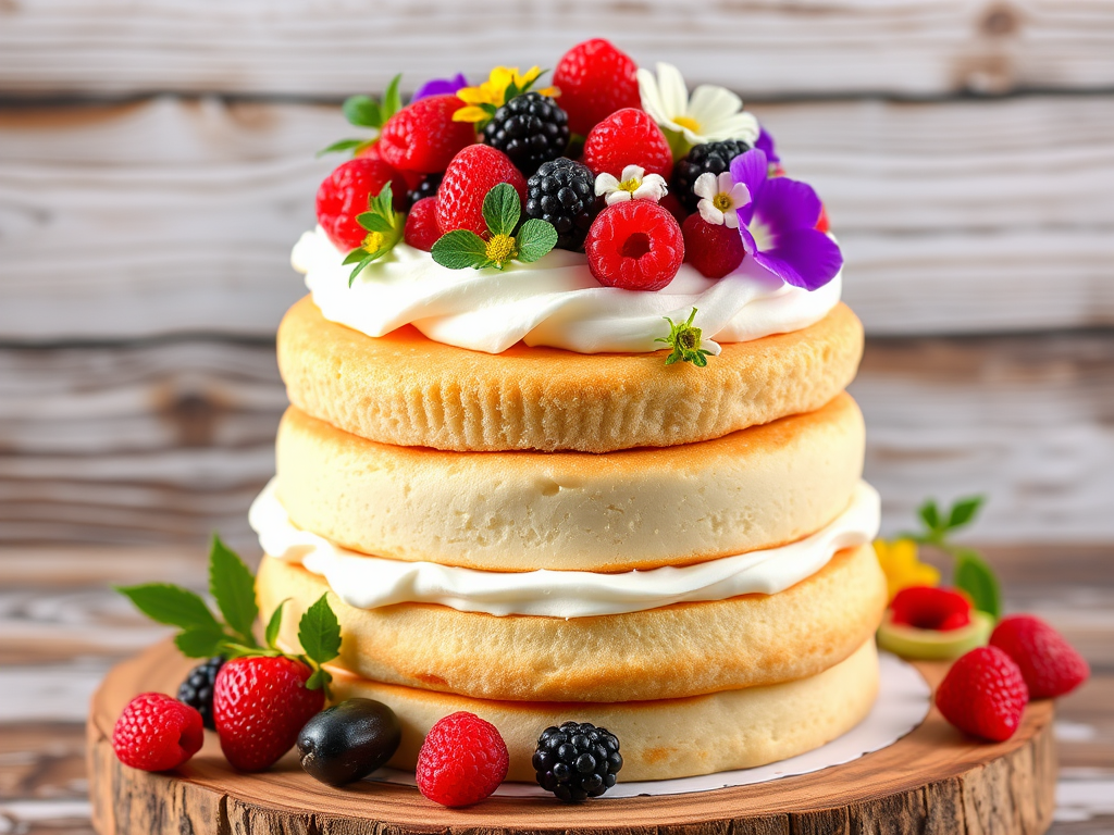 Create an image of a layered cake with three tiers featuring a light sponge texture adorned with whipped cream and an assortment of fresh strawberries, raspberries, blackberries, and edible flowers on top, set against a rustic wooden background.