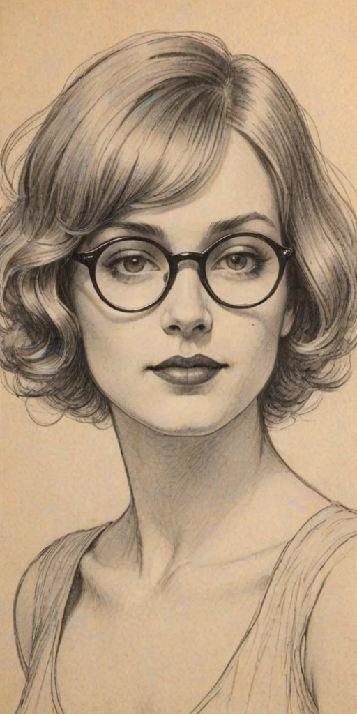 Beauteous Lilith Czar, pencil sketch, portrait of Lovely woman 1928s in glasses, hair style beatnik, outline, clear lines, fine lines, 8k