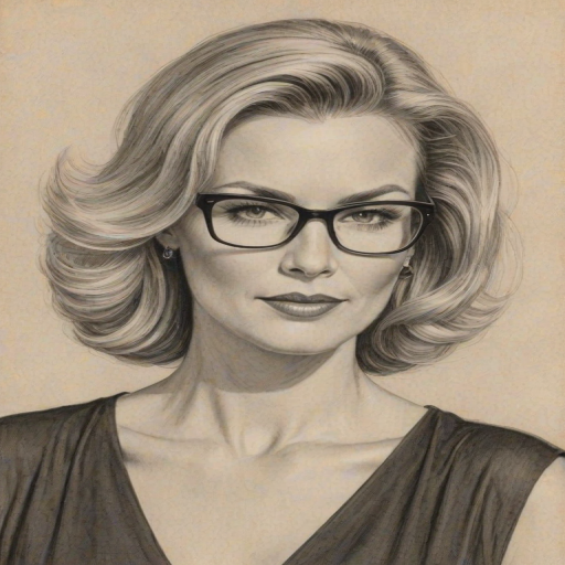 Comely Katherine Kelly Lang, pencil sketch, portrait of Delightful woman 1932s in glasses, hair style beatnik, outline, clear lines, fine lines, 8k