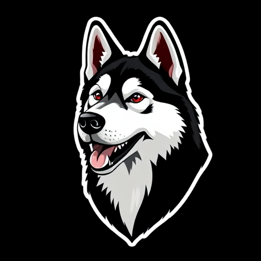 generate sticker, 3D black and white yakutian laika dog breed, black background