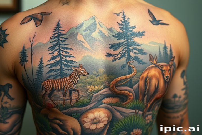 Photorealistic nature tattoo named "Wild Serenity" depicting a hyper-detailed landscape scene with animals and plants so lifelike they appear to be a photograph imprinted on the skin