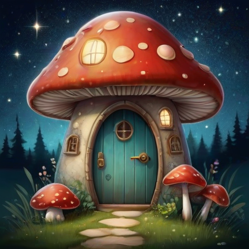 create illustration of a mushroom house with a door and a window, a storybook , fantasy art, mushroom house, bg starry sky, sparkles