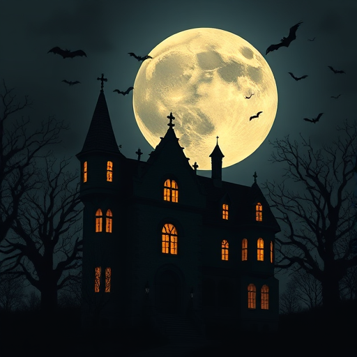 A dark and eerie haunted mansion illuminated by glowing windows with an oversized full moon in the background surrounded by flying bats and silhouetted trees in a moody twilight setting.