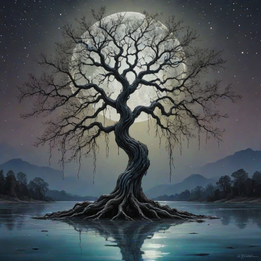 painting of a tree with a full moon in the background and water dripping from its branches, fantasy art, alcohol ink, 3D, 4K, HDRi