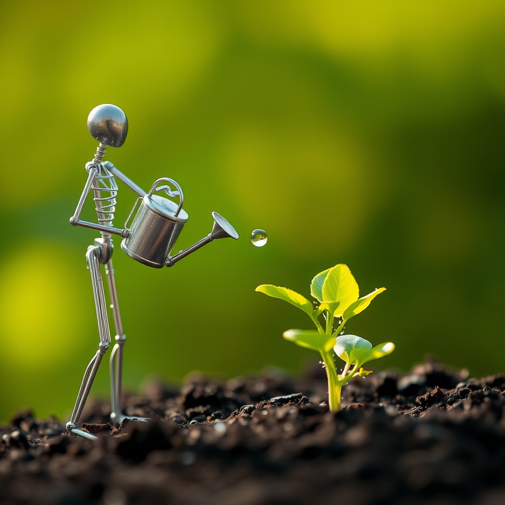 A metal figurine of a person, constructed from thin, silver rods, stands on the left side of the image, facing the viewer. The figurine is holding a small watering can and pouring water onto a young plant, with a few droplets in the air. The plant, with lush green leaves, is situated in the center, growing from dark soil. The background is a soft, out-of-focus blur of green, illuminated by warm, natural light.  The composition creates a sense of depth and intimacy. The image evokes feelings of growth, nurture, and hope.