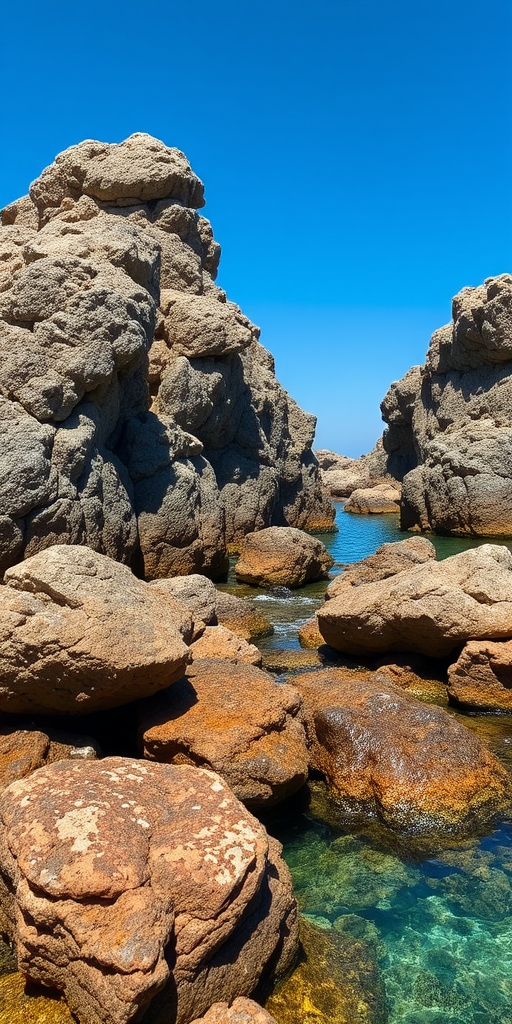 Capture a sharp and vibrant image of rocky coastal formations with a clear blue sky above, using a DSLR camera with a 50mm lens, aperture set to f/11, ISO at 100, and a shutter speed of 1/500 seconds, focusing on the texture of the rocks and the clarity of the water.
