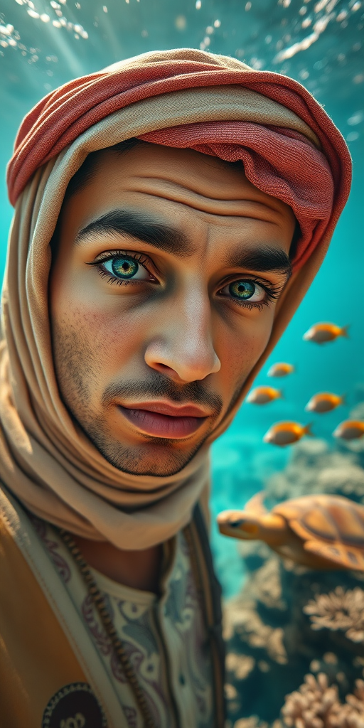 Realistic selfie image of a Sahrawi, wearing a vintage outfit, detailed dreamy eyes, droopy hooded eyes, staring at the camera, taken underwater at coral reef with a sunbeam filtering through the water, vibrant, summer vacation, natural lighting, turtle and school of tropical fish with vibrant colors, rendered in the style of CryEngine, Pegi Nicol MacLeod, with realistic genre scenes, hauntingly beautiful narratives, ultra-realism, and Thomas Saliot's close-up technique, 8K resolution, crystal clear and sparkling water.