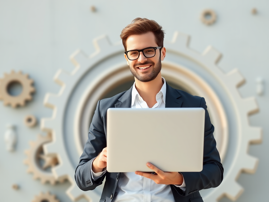 Create a high-quality digital illustration of a business professional holding a laptop with gears in the background, using a soft focus lens, shooting in natural light at f/2.8 aperture, ISO 100, and a focal length of 50mm.