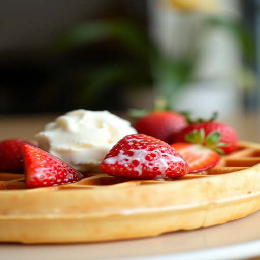 Close-up shot of a waffle plate with fresh strawberries and a scoop of vanilla ice cream, natural light, 50mm lens, f/1.8 aperture, ISO 100, shallow depth of field, soft focus background, DSLR camera.